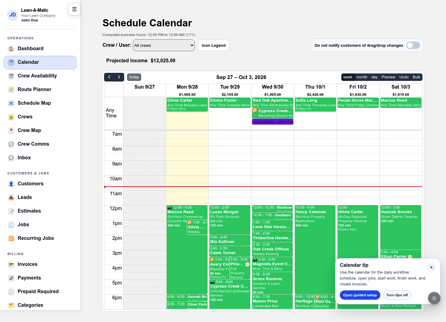 Lawn-A-Matic calendar screenshot
